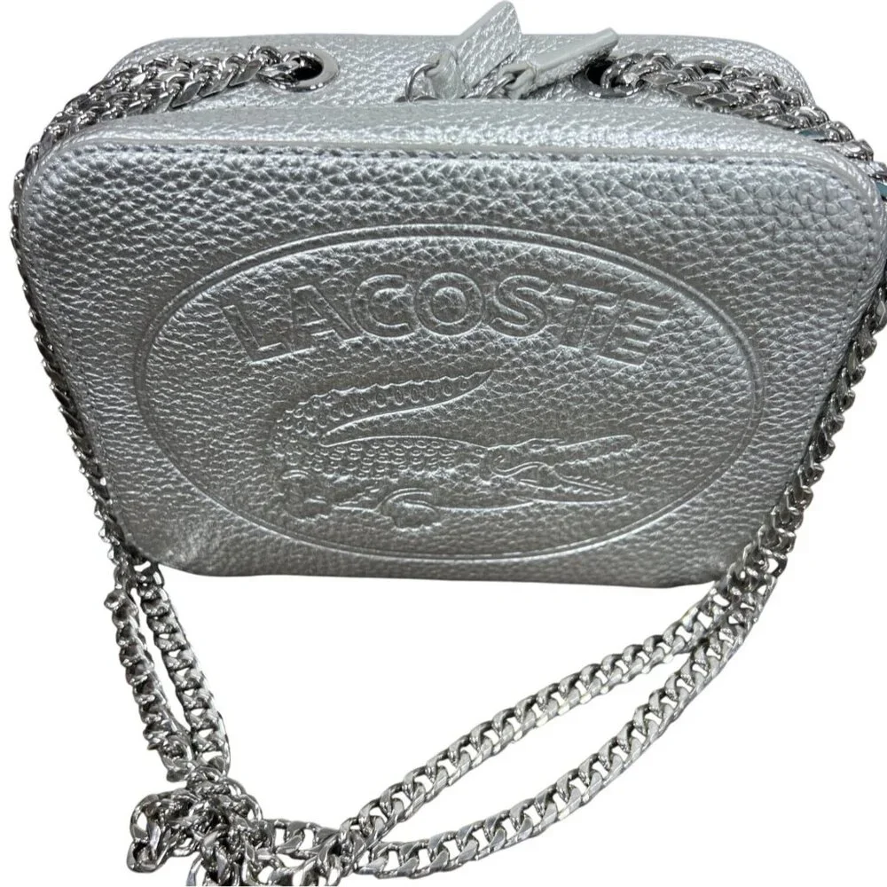 LACOSTE Croco Crew Silver Leather Bag with 2-way Chain Strap NF3245NJ EUC